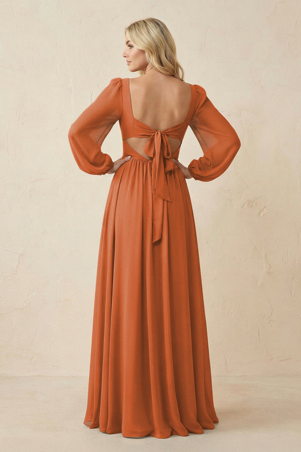Long Sleeve V - Neck A - Line Chiffon Bridesmaid Dress in Terracotta - SHE IS ME Bridesmaid Dresses