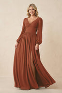 Long Sleeve V-Neck A-Line Chiffon Bridesmaid Dress in Terracotta | KISSBRIDAL
