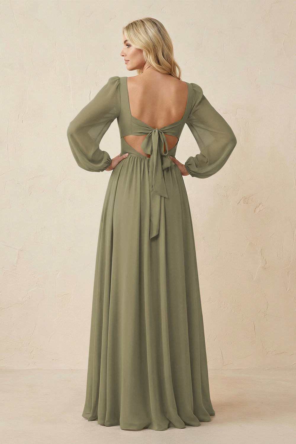 Long Sleeve V-Neck A-Line Chiffon Bridesmaid Dress in Thyme