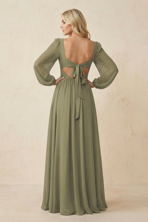Long Sleeve V-Neck A-Line Chiffon Bridesmaid Dress in Thyme (2) | KISSBRIDAL
