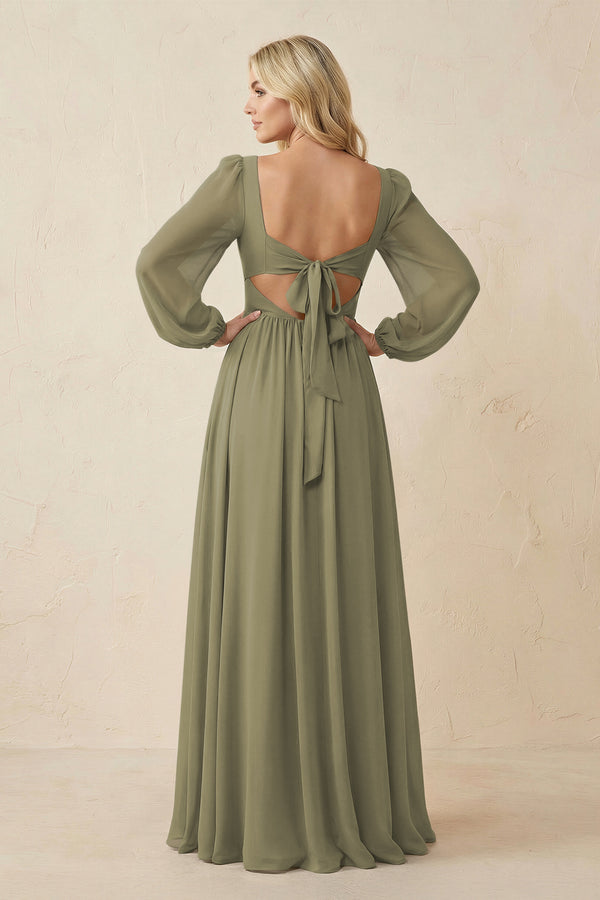 Long Sleeve V-Neck A-Line Chiffon Bridesmaid Dress in Thyme (2) | KISSBRIDAL