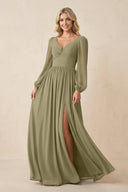 Long Sleeve V - Neck A - Line Chiffon Bridesmaid Dress in Thyme - SHE IS ME Bridesmaid Dresses