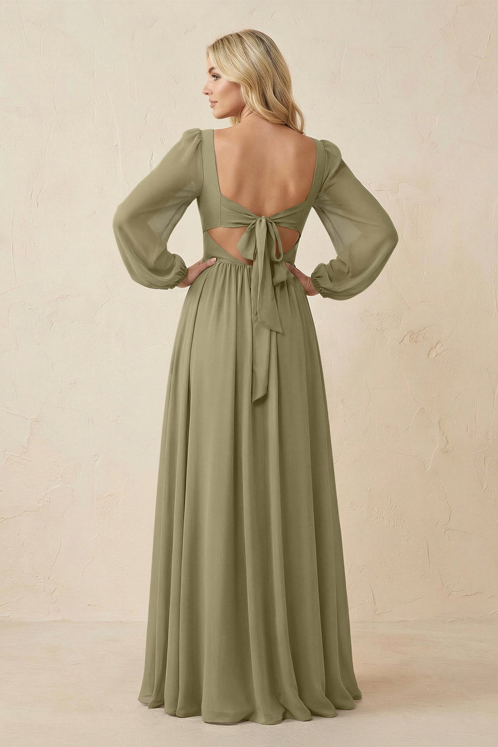 Long Sleeve V - Neck A - Line Chiffon Bridesmaid Dress in Thyme - KISS BRIDAL Bridesmaid Dresses