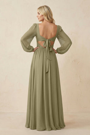 Long Sleeve V - Neck A - Line Chiffon Bridesmaid Dress in Thyme - SHE IS ME Bridesmaid Dresses