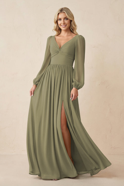 Long Sleeve V-Neck A-Line Chiffon Bridesmaid Dress in Thyme | KISSBRIDAL