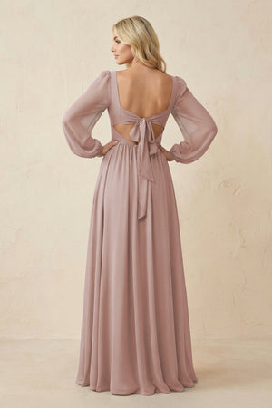 Long Sleeve V - Neck A - Line Chiffon Bridesmaid Dress in Toffee - SHE IS ME Bridesmaid Dresses