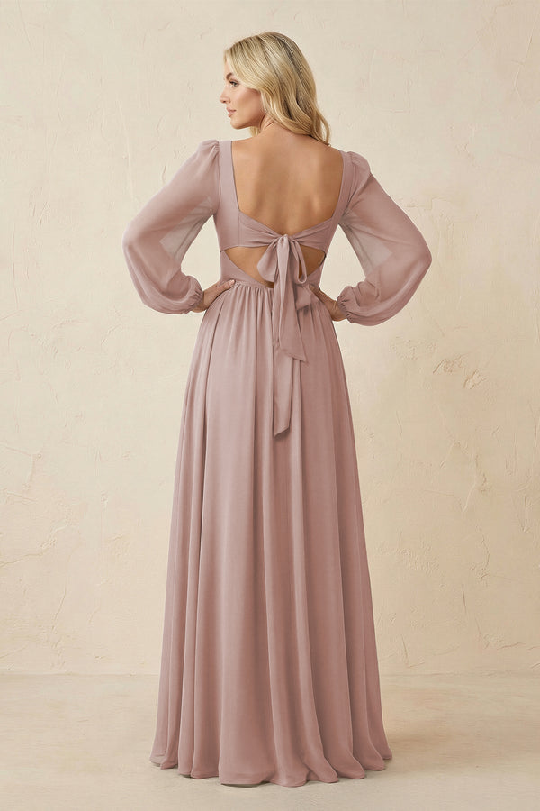 Long Sleeve V - Neck A - Line Chiffon Bridesmaid Dress in Toffee - SHE IS ME Bridesmaid Dresses