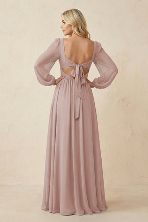 Long Sleeve V-Neck A-Line Chiffon Bridesmaid Dress in Toffee (2) | KISSBRIDAL