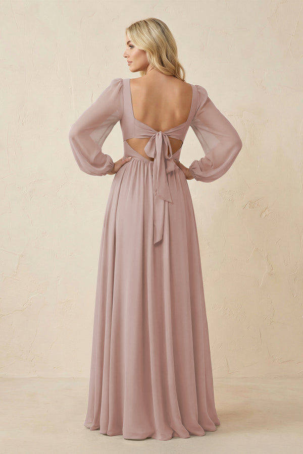 Long Sleeve V-Neck A-Line Chiffon Bridesmaid Dress in Toffee (2) | KISSBRIDAL