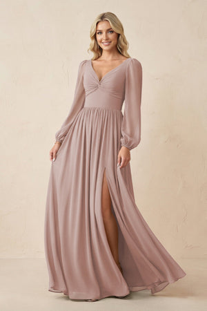 Long Sleeve V - Neck A - Line Chiffon Bridesmaid Dress in Toffee - SHE IS ME Bridesmaid Dresses