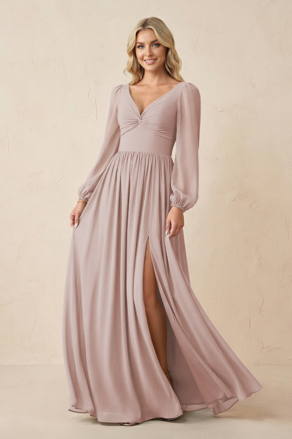 Long Sleeve V-Neck A-Line Chiffon Bridesmaid Dress in Toffee