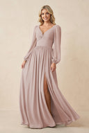 Long Sleeve V-Neck A-Line Chiffon Bridesmaid Dress in Toffee | KISSBRIDAL