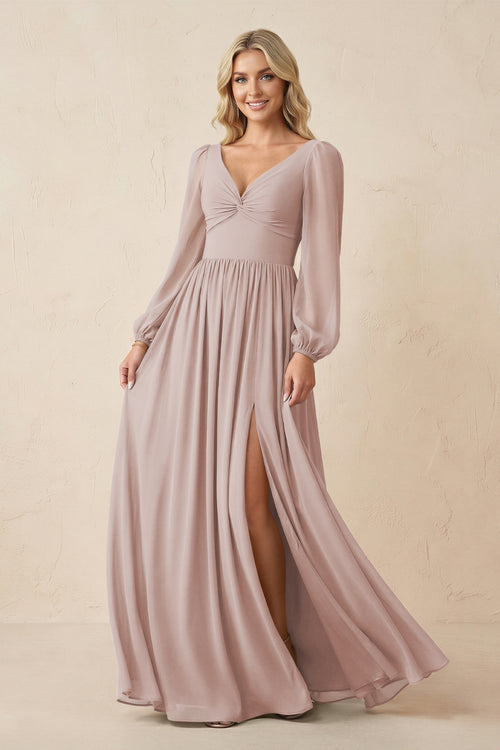 Long Sleeve V-Neck A-Line Chiffon Bridesmaid Dress in Toffee | KISSBRIDAL