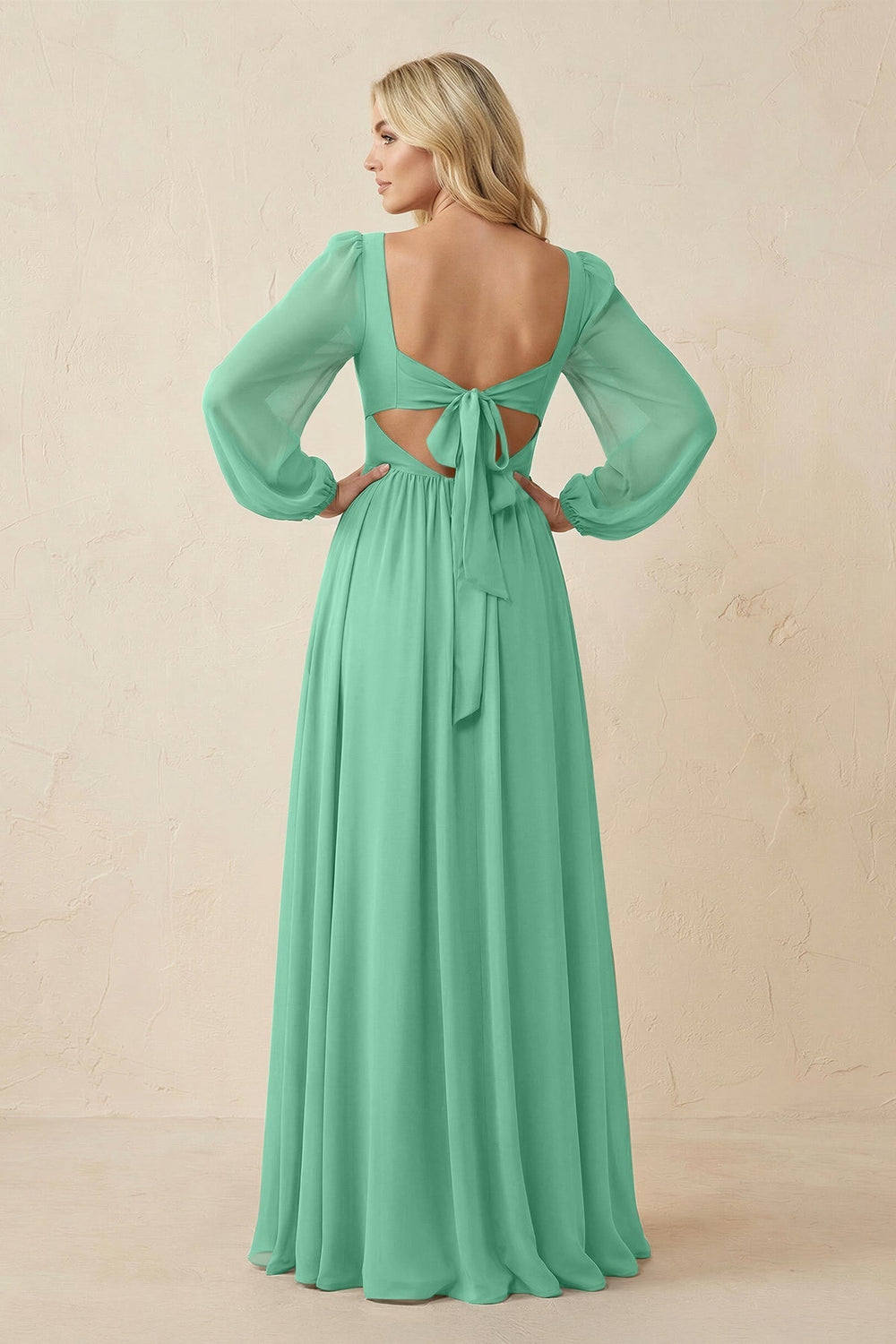 Long Sleeve V - Neck A - Line Chiffon Bridesmaid Dress in Turquoise - KISS BRIDAL Bridesmaid Dresses