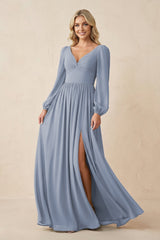 Long Sleeve V - Neck A - Line Chiffon Bridesmaid Dress in Twilight - KISS BRIDAL Bridesmaid Dresses