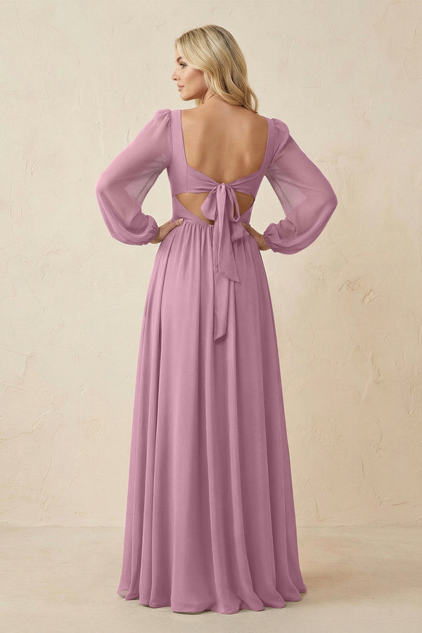 Long Sleeve V - Neck A - Line Chiffon Bridesmaid Dress in Vintage Mauve - SHE IS ME Bridesmaid Dresses