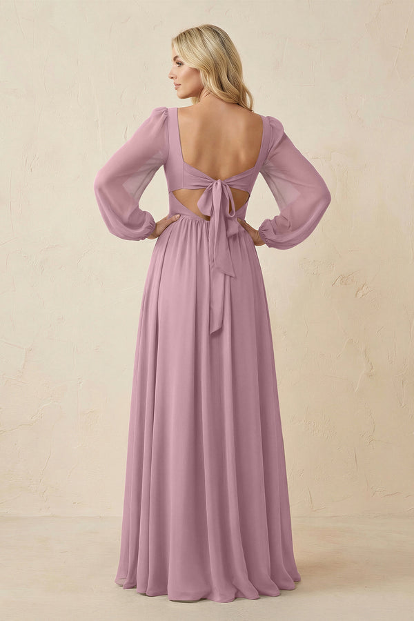 Long Sleeve V-Neck A-Line Chiffon Bridesmaid Dress in Vintage Mauve (2) | KISSBRIDAL