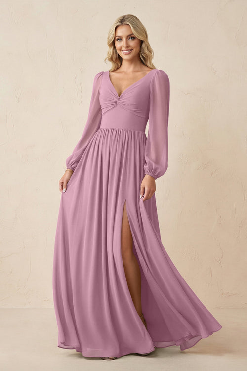 Long Sleeve V - Neck A - Line Chiffon Bridesmaid Dress in Vintage Mauve - SHE IS ME Bridesmaid Dresses