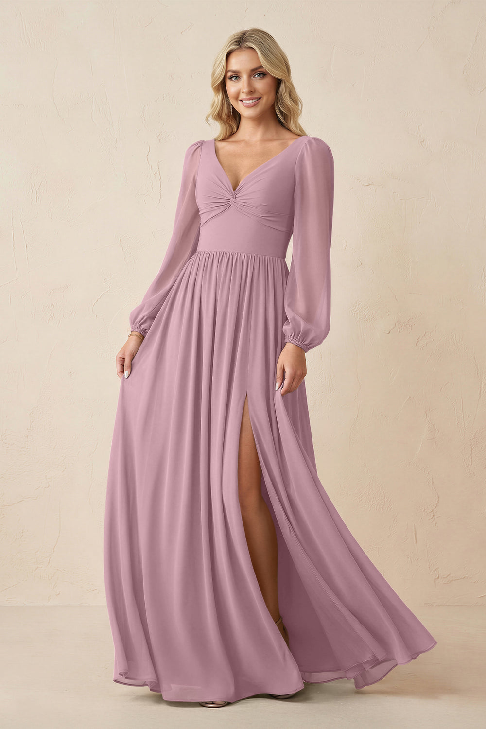 Long Sleeve V-Neck A-Line Chiffon Bridesmaid Dress in Vintage Mauve