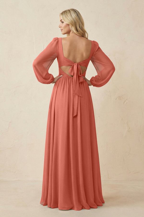 Long Sleeve V - Neck A - Line Chiffon Bridesmaid Dress in Wild Rose - SHE IS ME Bridesmaid Dresses