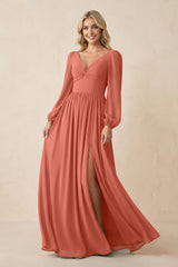 Long Sleeve V - Neck A - Line Chiffon Bridesmaid Dress in Wild Rose - KISS BRIDAL Bridesmaid Dresses