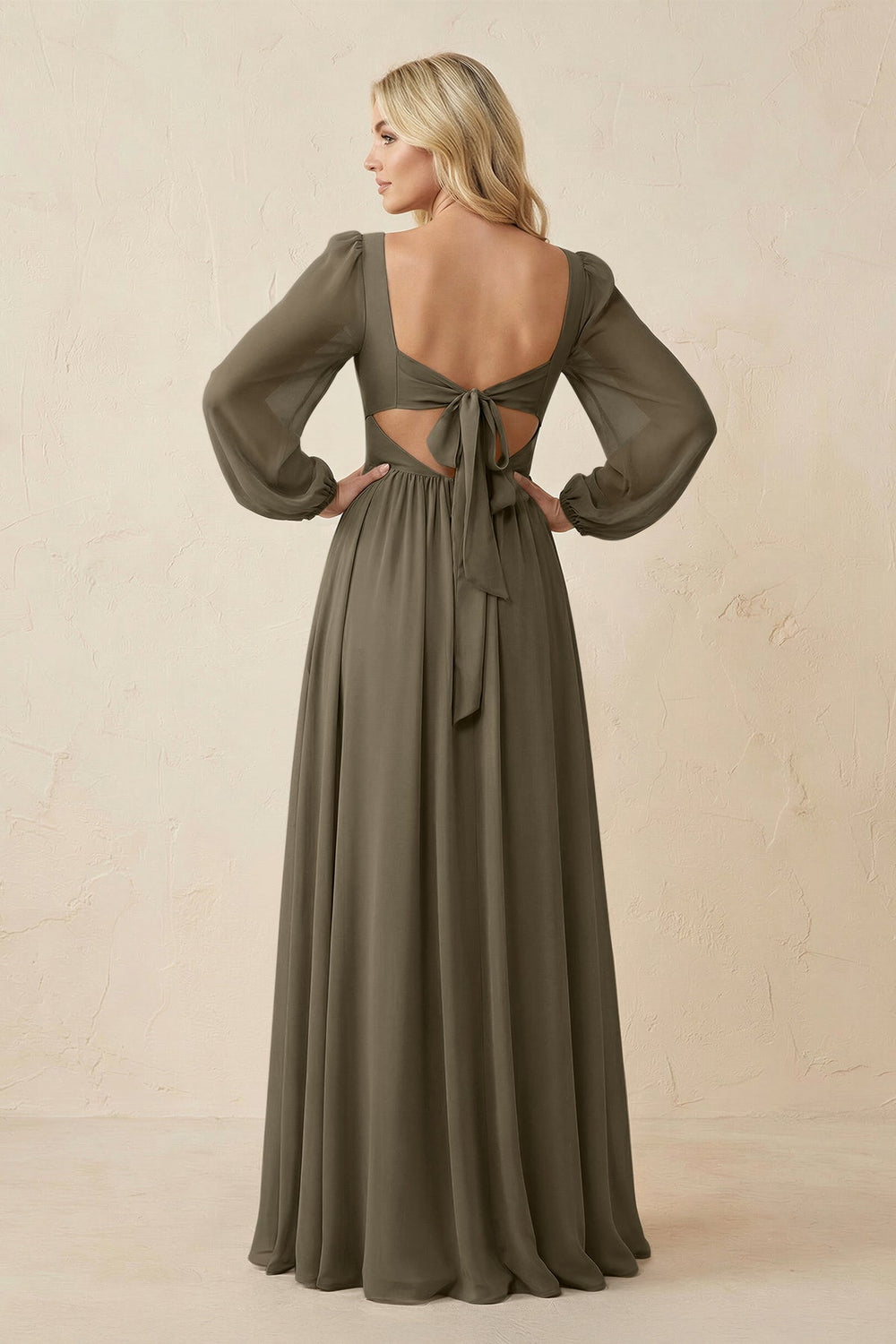 Long Sleeve V - Neck A - Line Chiffon Bridesmaid Dress in Willow Green - KISS BRIDAL Bridesmaid Dresses