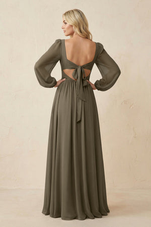 Long Sleeve V - Neck A - Line Chiffon Bridesmaid Dress in Willow Green - SHE IS ME Bridesmaid Dresses