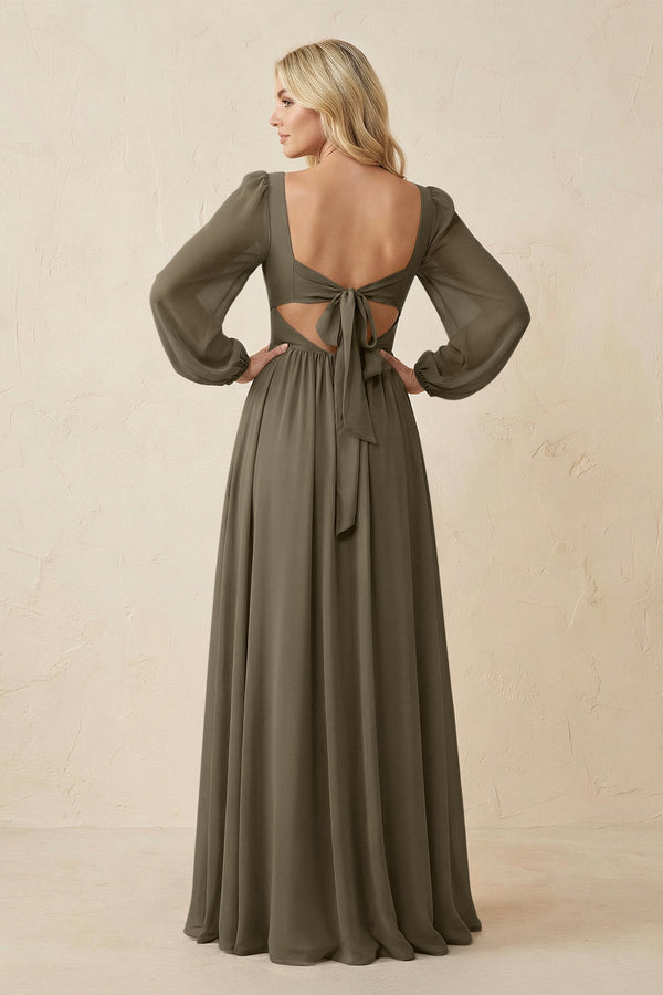 Long Sleeve V - Neck A - Line Chiffon Bridesmaid Dress in Willow Green - SHE IS ME Bridesmaid Dresses