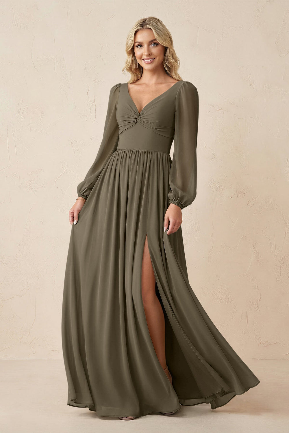 Long Sleeve V - Neck A - Line Chiffon Bridesmaid Dress in Willow Green - KISS BRIDAL Bridesmaid Dresses