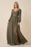 Long Sleeve V - Neck A - Line Chiffon Bridesmaid Dress in Willow Green - SHE IS ME Bridesmaid Dresses