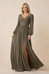 Long Sleeve V - Neck A - Line Chiffon Bridesmaid Dress in Willow Green - KISS BRIDAL Bridesmaid Dresses