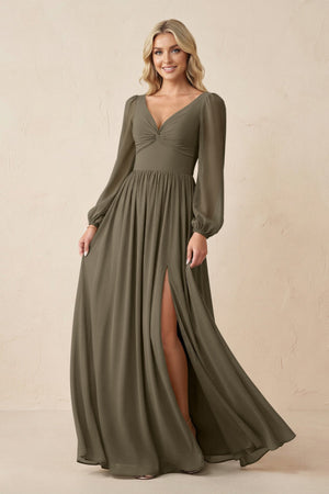 Long Sleeve V - Neck A - Line Chiffon Bridesmaid Dress in Willow Green - SHE IS ME Bridesmaid Dresses