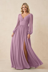 Long Sleeve V - Neck A - Line Chiffon Bridesmaid Dress in Wisteria - KISS BRIDAL Bridesmaid Dresses