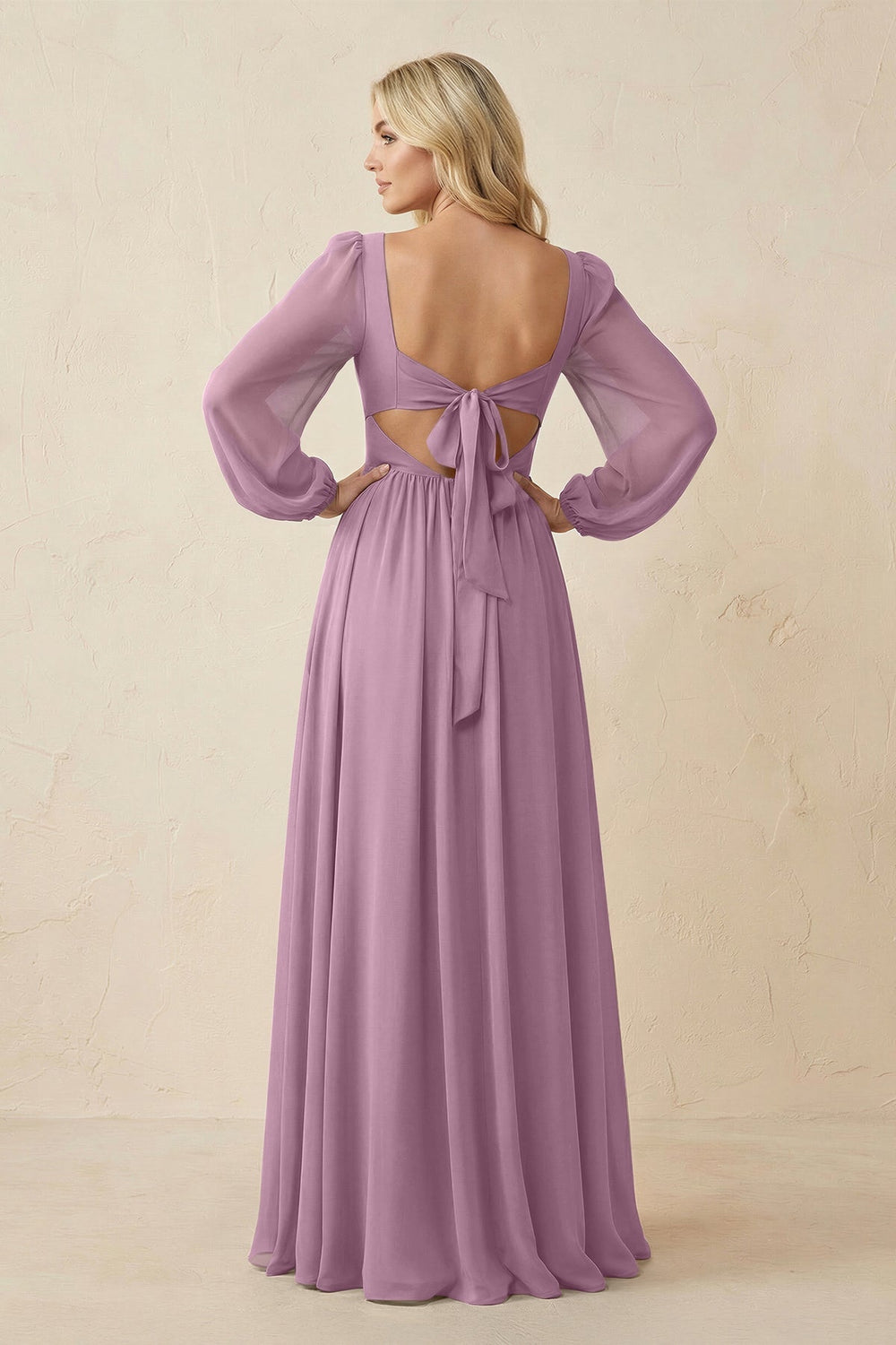 Long Sleeve V - Neck A - Line Chiffon Bridesmaid Dress in Wisteria - KISS BRIDAL Bridesmaid Dresses