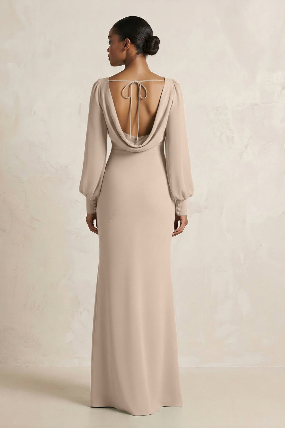 Long Sleeve V - Neck Sheath Chiffon Bridesmaid Dress in Almond - KISS BRIDAL Bridesmaid Dresses