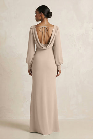 Long Sleeve V - Neck Sheath Chiffon Bridesmaid Dress in Almond - SHE IS ME Bridesmaid Dresses