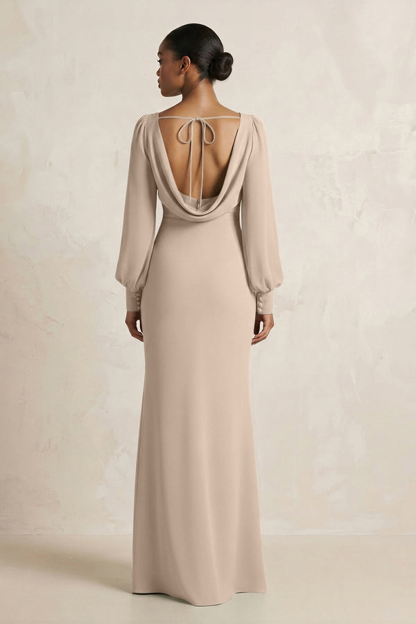 Long Sleeve V - Neck Sheath Chiffon Bridesmaid Dress in Almond - SHE IS ME Bridesmaid Dresses