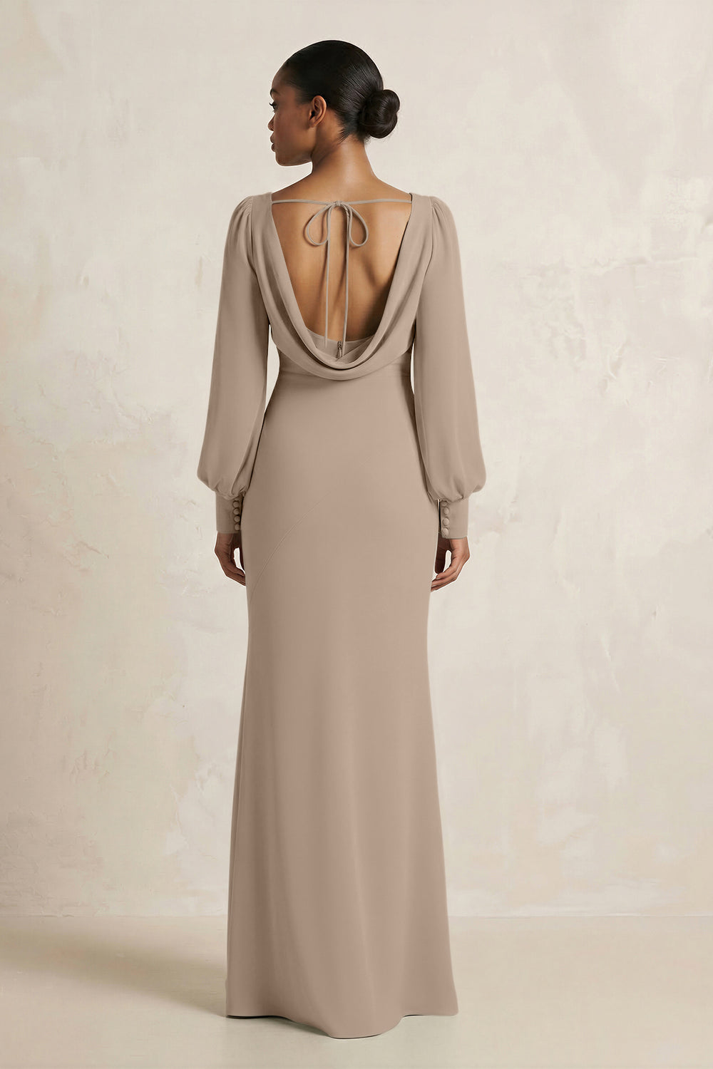 Long Sleeve V-Neck Sheath Chiffon Bridesmaid Dress in Almond