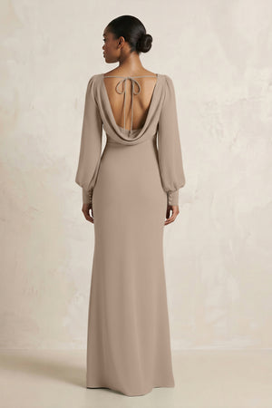 Long Sleeve V-Neck Sheath Chiffon Bridesmaid Dress in Almond (2) | KISSBRIDAL