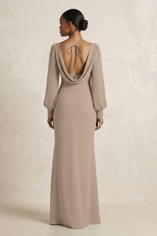 Long Sleeve V-Neck Sheath Chiffon Bridesmaid Dress in Almond (2) | KISSBRIDAL