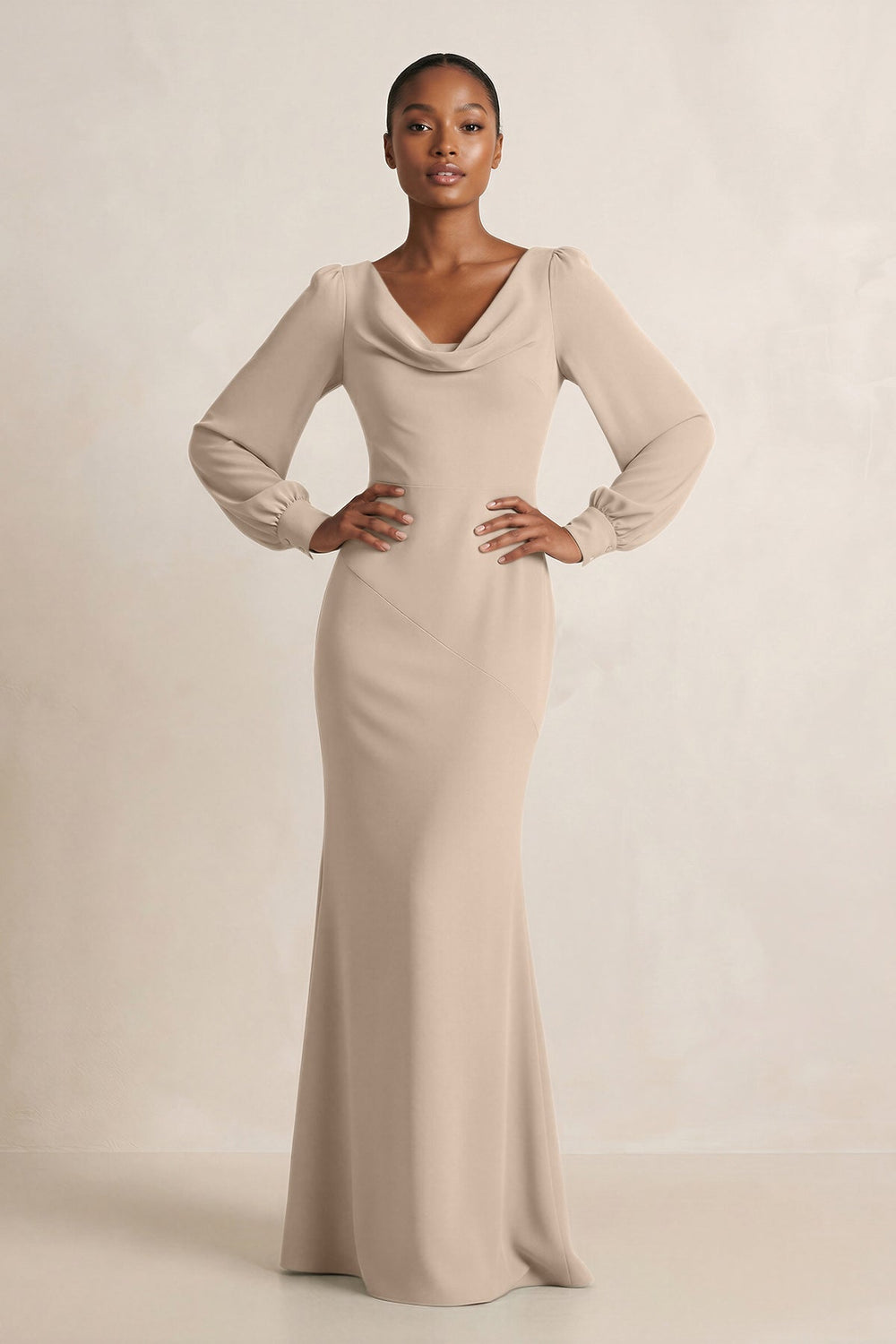 Long Sleeve V - Neck Sheath Chiffon Bridesmaid Dress in Almond - KISS BRIDAL Bridesmaid Dresses