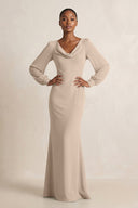 Long Sleeve V - Neck Sheath Chiffon Bridesmaid Dress in Almond - SHE IS ME Bridesmaid Dresses