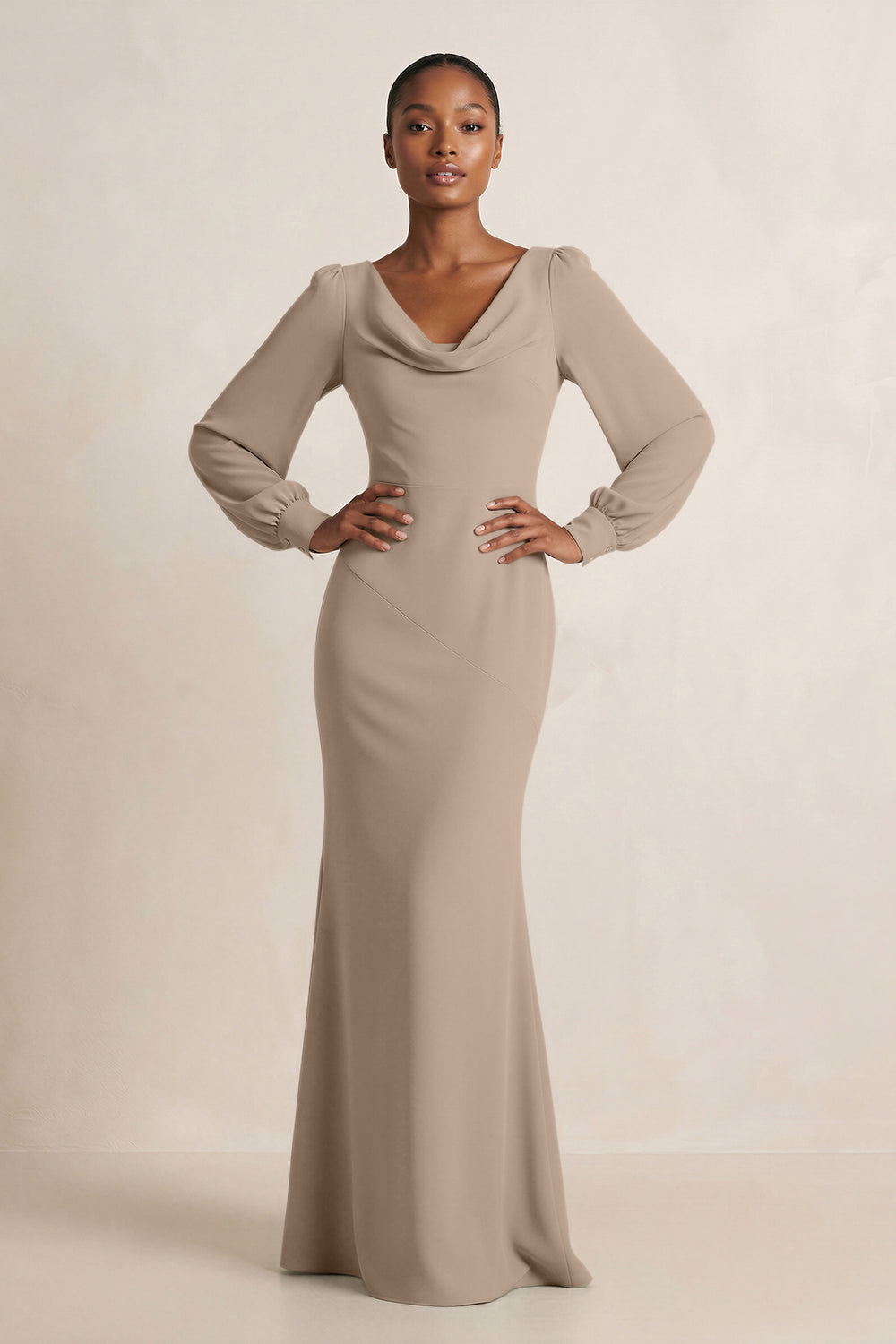 Long Sleeve V-Neck Sheath Chiffon Bridesmaid Dress in Almond