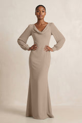 Long Sleeve V-Neck Sheath Chiffon Bridesmaid Dress in Almond | KISSBRIDAL