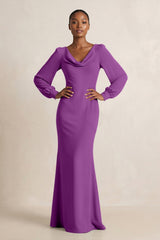 Long Sleeve V - Neck Sheath Chiffon Bridesmaid Dress in Amethyst - KISS BRIDAL Bridesmaid Dresses