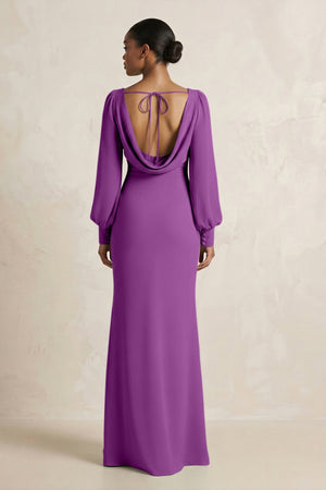 Long Sleeve V - Neck Sheath Chiffon Bridesmaid Dress in Amethyst - SHE IS ME Bridesmaid Dresses