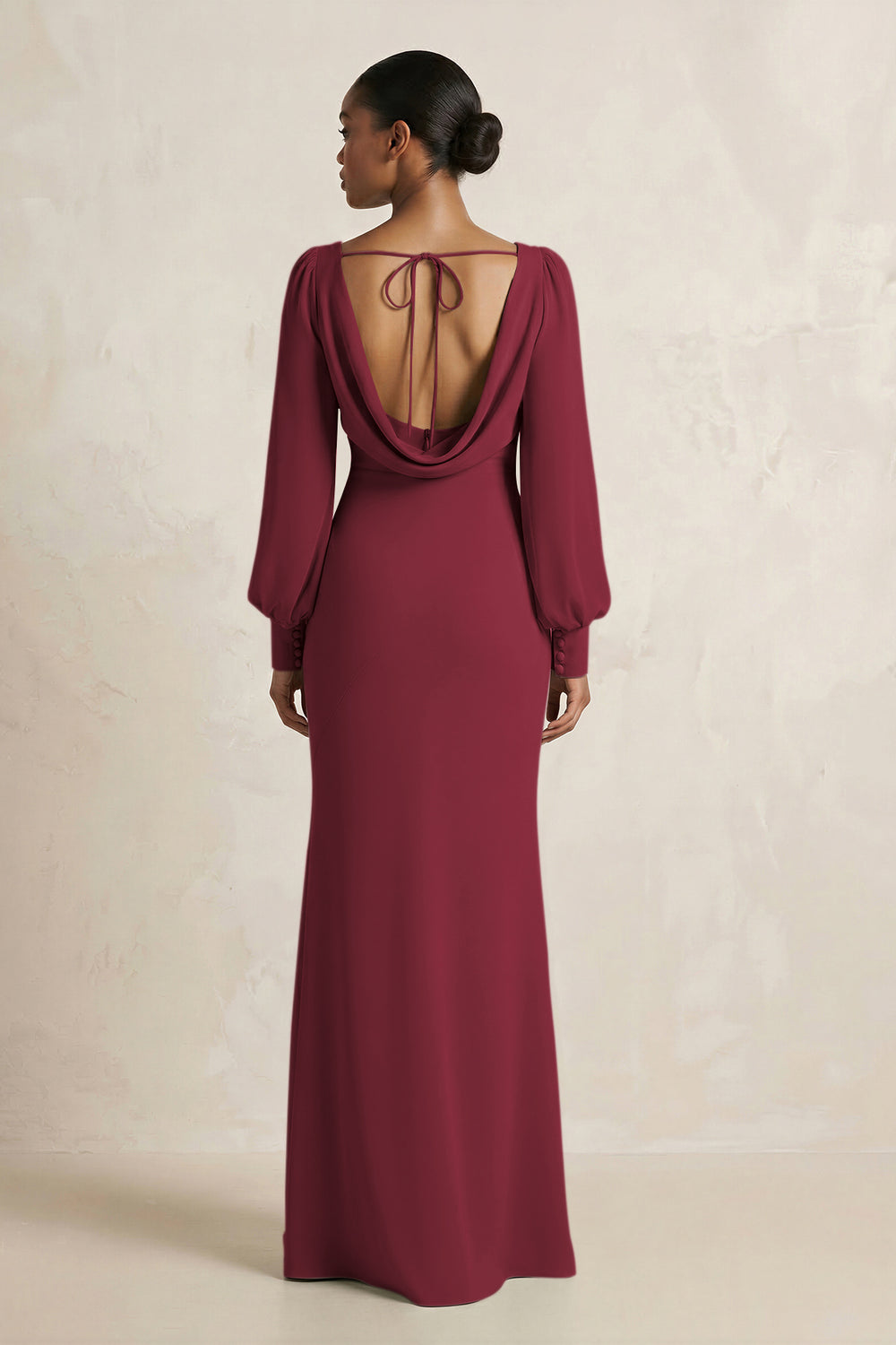 Long Sleeve V-Neck Sheath Chiffon Bridesmaid Dress in Berry