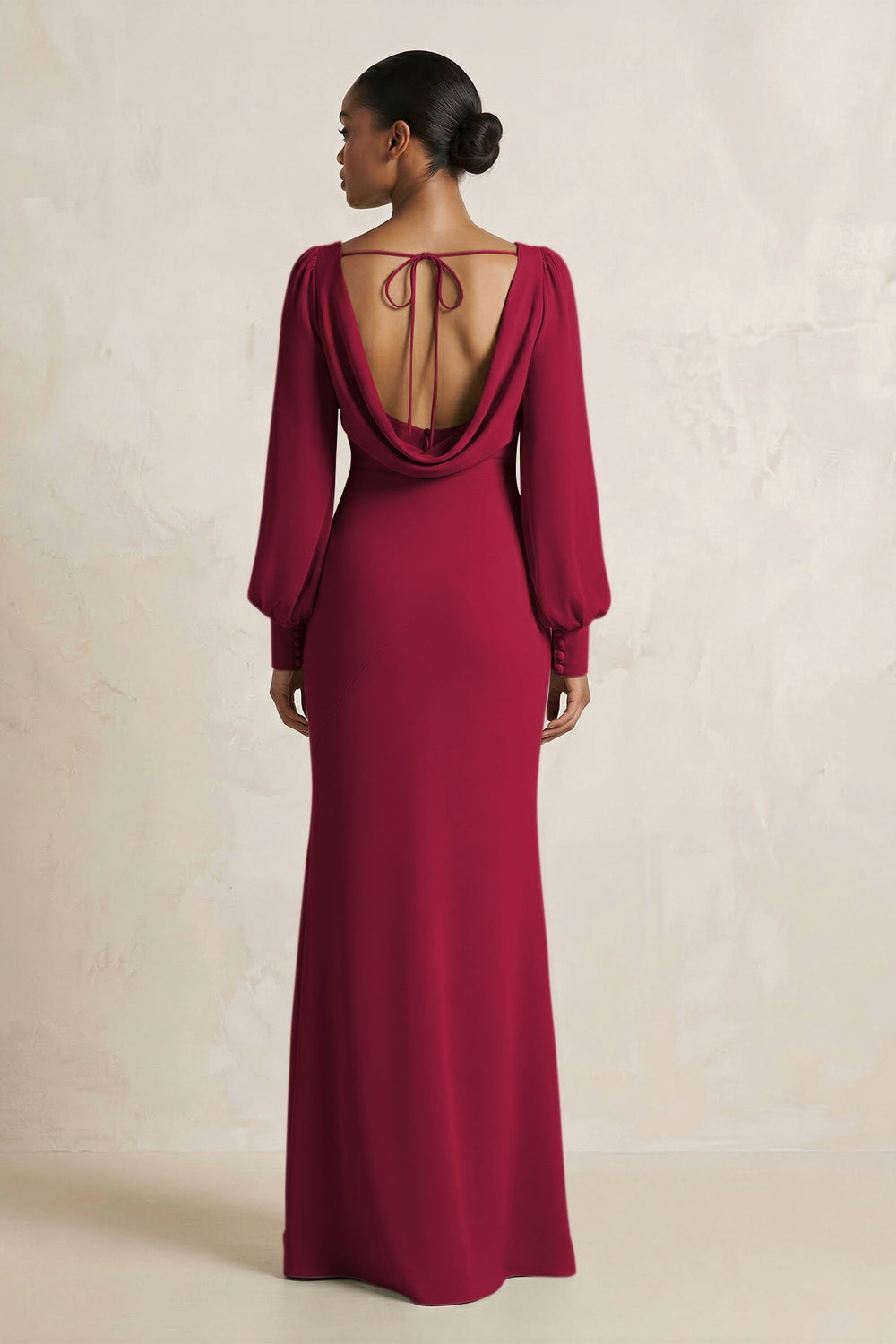 Long Sleeve V - Neck Sheath Chiffon Bridesmaid Dress in Berry - KISS BRIDAL Bridesmaid Dresses