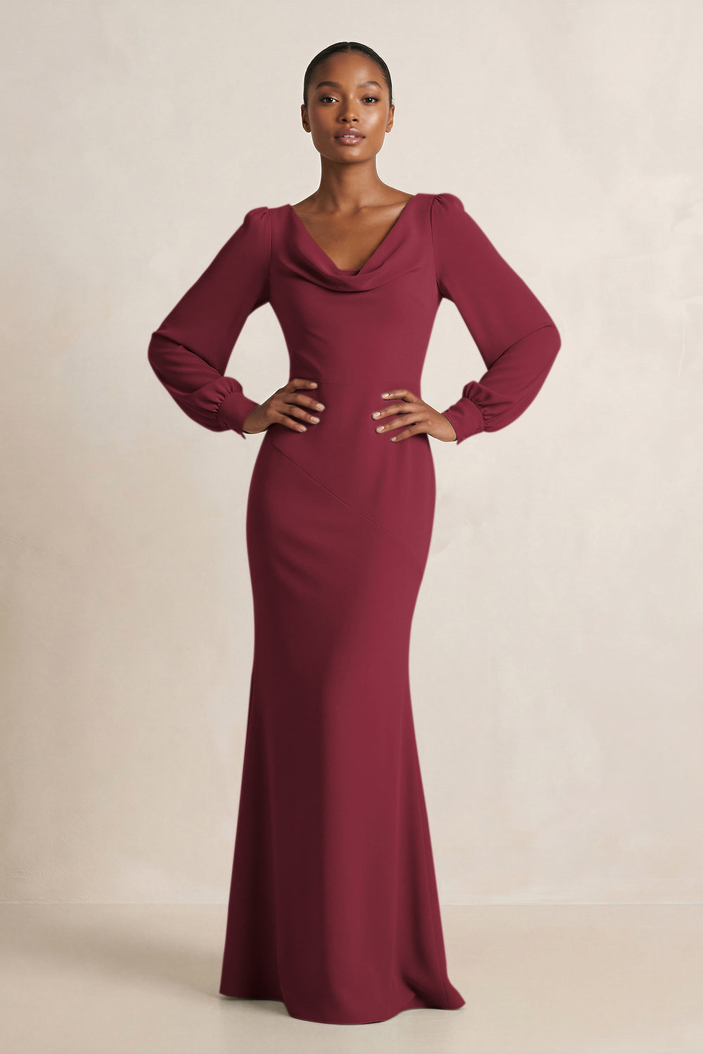 Long Sleeve V-Neck Sheath Chiffon Bridesmaid Dress in Berry