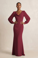 Long Sleeve V-Neck Sheath Chiffon Bridesmaid Dress in Berry | KISSBRIDAL